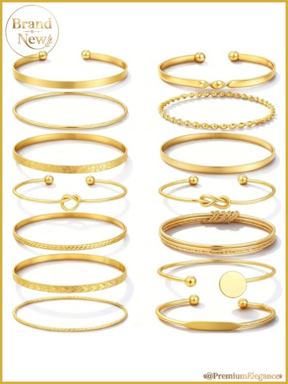 14 Pcs Multi Layer Stackable Bangle Set, 14K Gold Plated Textured Chunky